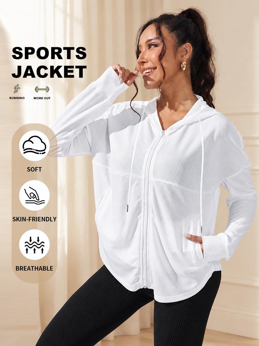 Eassivo Eassivo Drop Shoulder Zip Up Hooded Sports Jacket - White - View 1