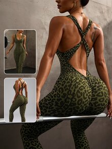 Slayform Slayform 1pc Women's Leopard Print Cropped Length Yoga Workout Jumpsuit - Army Green - View 3