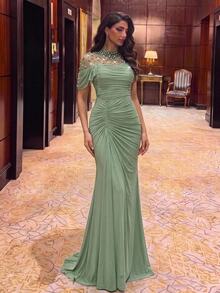 Aureia 優雅奢華珠飾鑽石透視拼接彈性針織網紗抓皺袖魚尾裙，適合婚禮、派對、單身女郎派對、度假、舞蹈、節慶、聚會、音樂節、畢業典禮、新娘、晚禮服 - 綠色 - 查看 6