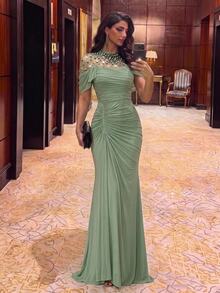 Aureia 優雅奢華珠飾鑽石透視拼接彈性針織網紗抓皺袖魚尾裙，適合婚禮、派對、單身女郎派對、度假、舞蹈、節慶、聚會、音樂節、畢業典禮、新娘、晚禮服 - 綠色 - 查看 2