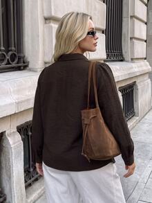 Easowa Curve Plus Solid Frog Button Front Blouse Autumn Brunch Formal Office Brown Casual Decent Decent Elegant Fall - Coffee Brown - View 5