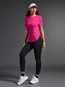 SHEIN Sports Women Contrast Color Short Sleeve Casual Sporty T-Shirt & Tank Top Gym Shirts - Hot Pink - View 5