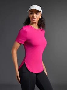 SHEIN Sports Women Contrast Color Short Sleeve Casual Sporty T-Shirt & Tank Top Gym Shirts - Hot Pink - View 8