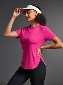 SHEIN Sports Women Contrast Color Short Sleeve Casual Sporty T-Shirt & Tank Top Gym Shirts - Hot Pink - View 12