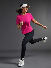 SHEIN Sports Women Contrast Color Short Sleeve Casual Sporty T-Shirt & Tank Top Gym Shirts - Hot Pink - View 6