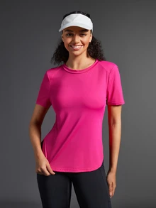 SHEIN Sports Women Contrast Color Short Sleeve Casual Sporty T-Shirt & Tank Top Gym Shirts - Hot Pink - View 9