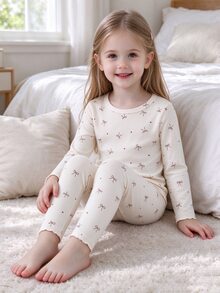 1 Set Girls' Top And Pants With Minimalist Bow & Heart Print, Light Apricot Soft Knit Fabric With Frill Trim, Fitted And Comfortable, Suitable For Spring/Autumn Casual Wear (1 Sets Are Sold Separately) - White - View 2
