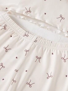1 Set Girls' Top And Pants With Minimalist Bow & Heart Print, Light Apricot Soft Knit Fabric With Frill Trim, Fitted And Comfortable, Suitable For Spring/Autumn Casual Wear (1 Sets Are Sold Separately) - White - View 4