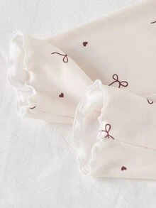 1 Set Girls' Top And Pants With Minimalist Bow & Heart Print, Light Apricot Soft Knit Fabric With Frill Trim, Fitted And Comfortable, Suitable For Spring/Autumn Casual Wear (1 Sets Are Sold Separately) - White - View 7