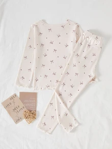 1 Set Girls' Top And Pants With Minimalist Bow & Heart Print, Light Apricot Soft Knit Fabric With Frill Trim, Fitted And Comfortable, Suitable For Spring/Autumn Casual Wear (1 Sets Are Sold Separately) - White - View 1