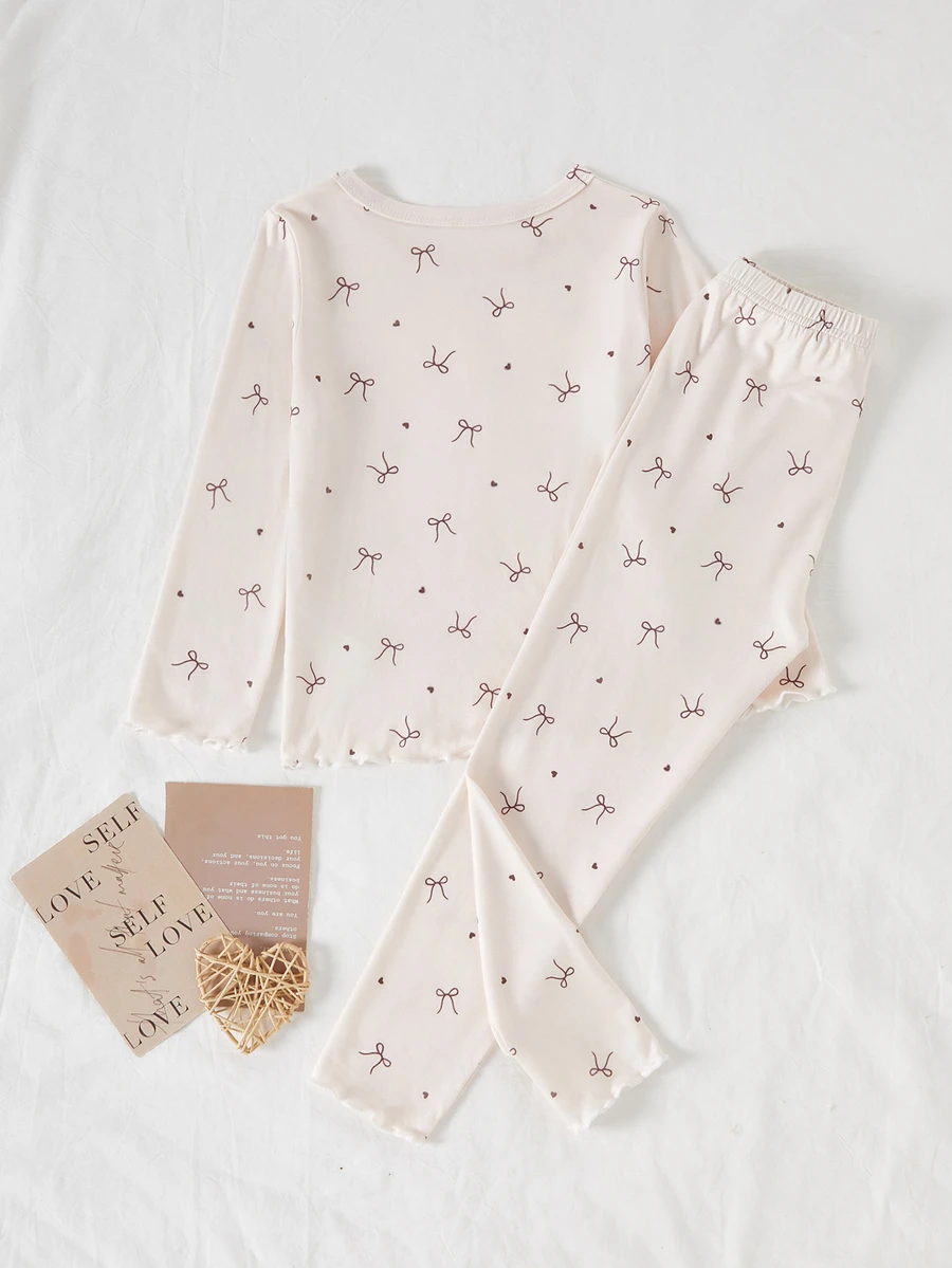 1 Set Girls' Top And Pants With Minimalist Bow & Heart Print, Light Apricot Soft Knit Fabric With Frill Trim, Fitted And Comfortable, Suitable For Spring/Autumn Casual Wear (1 Sets Are Sold Separately) - White - View 1