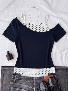 Teen Girls Casual Minimalist Y2K Black & White Polka Dot Print Ruched Tie-Front Tube Top - Navy Blue - View 2