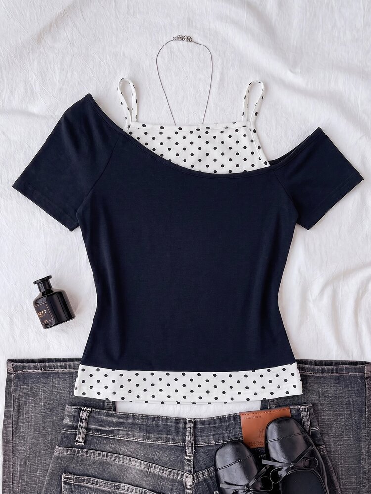 Teen Girls Casual Minimalist Y2K Black & White Polka Dot Print Ruched Tie-Front Tube Top - Navy Blue - View 2