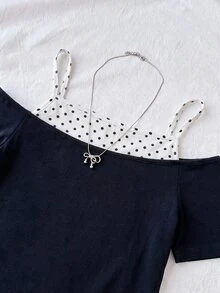 Teen Girls Casual Minimalist Y2K Black & White Polka Dot Print Ruched Tie-Front Tube Top - Navy Blue - View 3