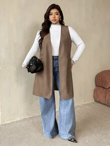 Auralis Women Plus Size Casual Minimalist Solid Color Large Pocket Long Vest Jacket Fall - Brown - View 6