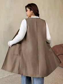 Auralis Women Plus Size Casual Minimalist Solid Color Large Pocket Long Vest Jacket Fall - Brown - View 4