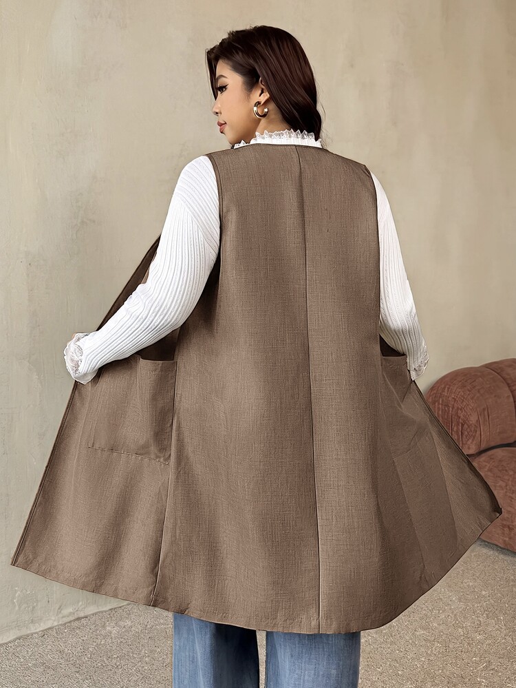 Auralis Women Plus Size Casual Minimalist Solid Color Large Pocket Long Vest Jacket Fall - Brown - View 3
