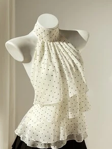 Elamini Women's Spring & Summer Casual Vacation Style Ruffled Layered Chiffon Polka Dot Print Waist Tie Shirt, Flattering Fit, Suitable For Beach - Multicolor - View 3