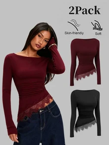 Sweetra Y2K Sexy Lace Trim Patchwork Pleated Crinkled Casual Versatile Commuter Top - Multicolor - View 3