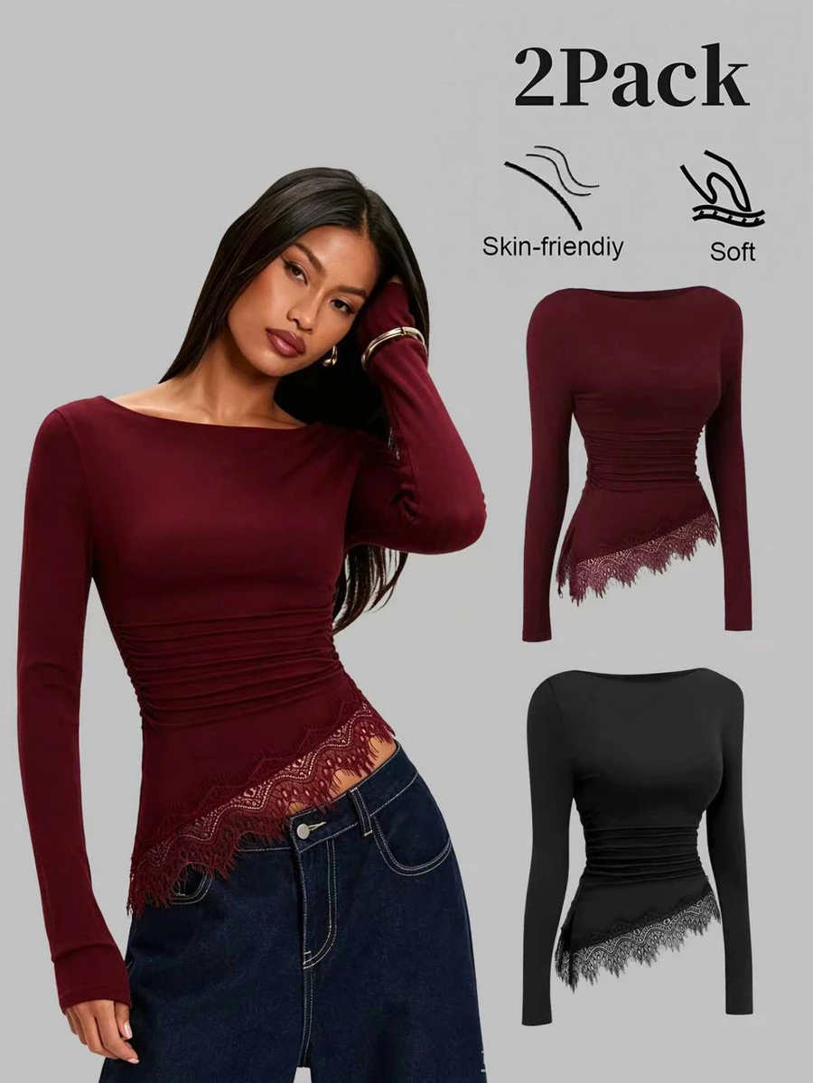 Sweetra Y2K Sexy Lace Trim Patchwork Pleated Crinkled Casual Versatile Commuter Top - Multicolor - View 1