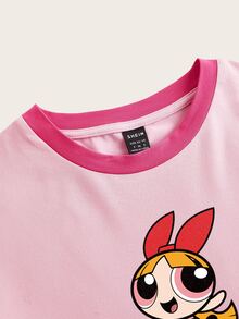Sweetina THE POWERPUFF GIRLS X SHEIN 女款花朵圖案亮粉色對比飾邊修身短版 T-shirt，可愛夏季復古短袖套頭上衣，校園軟妹日常穿搭 - 粉色 - 查看 4