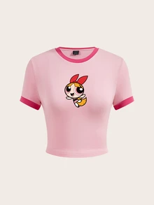 Sweetina THE POWERPUFF GIRLS X SHEIN 女款花朵圖案亮粉色對比飾邊修身短版 T-shirt，可愛夏季復古短袖套頭上衣，校園軟妹日常穿搭 - 粉色 - 查看 2