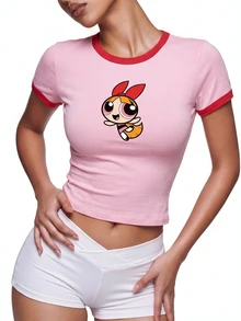 Sweetina THE POWERPUFF GIRLS X SHEIN 女款花朵圖案亮粉色對比飾邊修身短版 T-shirt，可愛夏季復古短袖套頭上衣，校園軟妹日常穿搭 - 粉色 - 查看 1