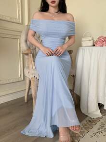 Modelyn Women's Off Shoulder Ruched Waist Elegant Wedding Party Dress - Baby Blue - View 5