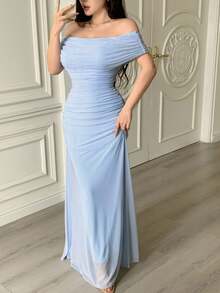 Modelyn Women's Off Shoulder Ruched Waist Elegant Wedding Party Dress - Baby Blue - View 7