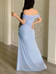 Modelyn Women's Off Shoulder Ruched Waist Elegant Wedding Party Dress - Baby Blue - View 3