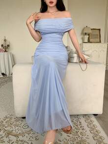 Modelyn Women's Off Shoulder Ruched Waist Elegant Wedding Party Dress - Baby Blue - View 10
