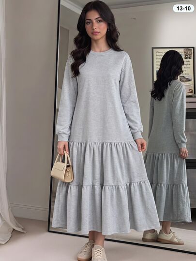 SHEIN Teen Girls Slouchy Korean Style Loose Cake Dress Casual Elegant Cute Daily Commute Fall Round Neck Long Sleeve Sweatshirt Gray Formal Holiday Prom