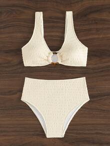 SHEIN Swim New Women's Two-Piece Bikini For Spring/Summer, Featuring Textured Fabric And Resin Ring-Buckle Detailing On The Straps.Vacation Outfits Women. - Beige - View 3
