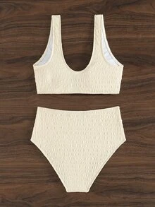 SHEIN Swim New Women's Two-Piece Bikini For Spring/Summer, Featuring Textured Fabric And Resin Ring-Buckle Detailing On The Straps.Vacation Outfits Women. - Beige - View 7