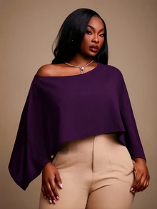 Radiana Plus Size Women's Elegant Daily Basic Dark Purple Solid Color Elegant Off Shoulder Batwing Cape Style Bodysuit Party Night Autumn Winter - Purple - View 5