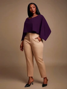 Radiana Plus Size Women's Elegant Daily Basic Dark Purple Solid Color Elegant Off Shoulder Batwing Cape Style Bodysuit Party Night Autumn Winter - Purple - View 6