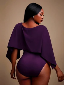 Radiana Plus Size Women's Elegant Daily Basic Dark Purple Solid Color Elegant Off Shoulder Batwing Cape Style Bodysuit Party Night Autumn Winter - Purple - View 2