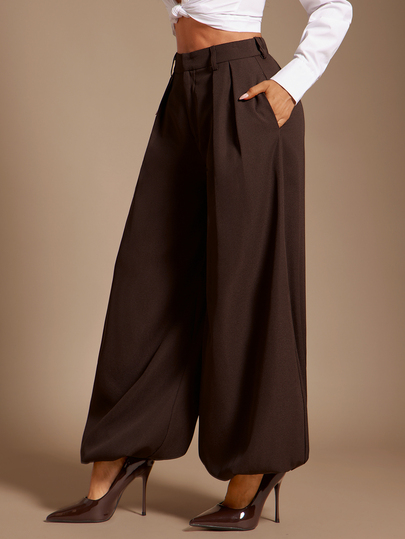 Radiana Casual Fashion Minimalist Coffee Brown Tapered Suit Pants, Brown Suit Pants, Lantern Pants, Super Loose Wide Leg Pants, Balloon Leg Long Pants, Harem Pants, Fashion Commuter Long Pants, Casual Pants