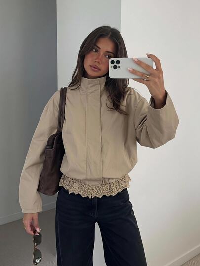 Siren Gaze Veste bomber trench oversize pour femme, col cheminée, kaki, manches longues à épaules tombantes, patchwork, ourlet en dentelle, zippée, coupe ample, style Y2K, pour sortir, automne-hiver