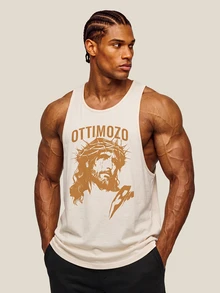 OTTIMOZO 男士 100% 純棉休閒運動字母印花無袖背心，寬鬆版型，適合夏季健身房穿著、健身、運動、慢跑，品牌感，純棉觸感 - 黃色 - 查看 3