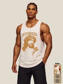 OTTIMOZO 男士 100% 純棉休閒運動字母印花無袖背心，寬鬆版型，適合夏季健身房穿著、健身、運動、慢跑，品牌感，純棉觸感 - 黃色 - 查看 1