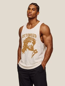 OTTIMOZO 男士 100% 純棉休閒運動字母印花無袖背心，寬鬆版型，適合夏季健身房穿著、健身、運動、慢跑，品牌感，純棉觸感 - 黃色 - 查看 6