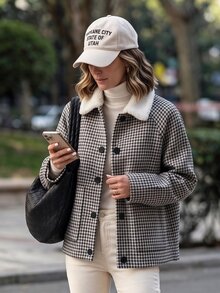 Selianne Women's Autumn/Winter Casual Outing Fabric Patchwork Houndstooth Street Style Date Daily Wear Regular Shoulder Jacket - Black and White - View 4