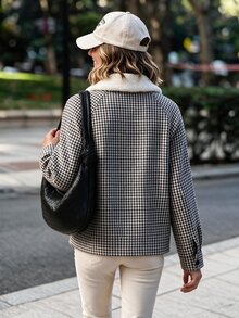 Selianne Women's Autumn/Winter Casual Outing Fabric Patchwork Houndstooth Street Style Date Daily Wear Regular Shoulder Jacket - Black and White - View 2