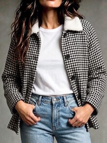 Selianne Women's Autumn/Winter Casual Outing Fabric Patchwork Houndstooth Street Style Date Daily Wear Regular Shoulder Jacket - Black and White - View 1