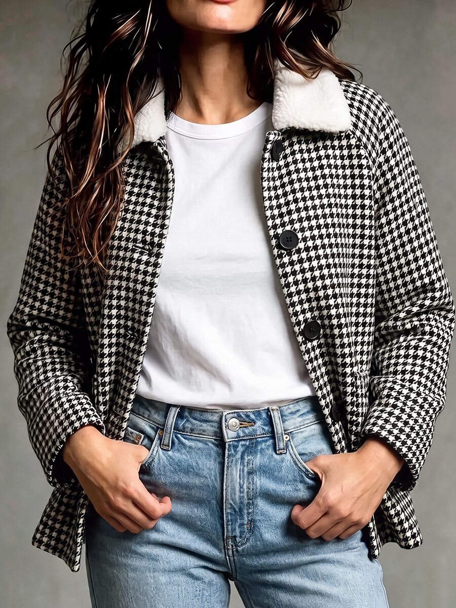 Selianne Women's Autumn/Winter Casual Outing Fabric Patchwork Houndstooth Street Style Date Daily Wear Regular Shoulder Jacket - Black and White - View 1
