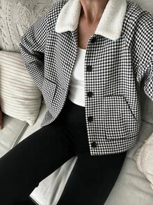 Selianne Women's Autumn/Winter Casual Outing Fabric Patchwork Houndstooth Street Style Date Daily Wear Regular Shoulder Jacket - Black and White - View 7