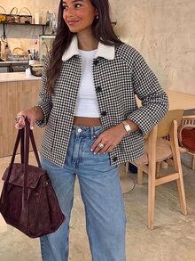 Selianne Women's Autumn/Winter Casual Outing Fabric Patchwork Houndstooth Street Style Date Daily Wear Regular Shoulder Jacket - Black and White - View 3