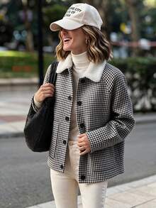 Selianne Women's Autumn/Winter Casual Outing Fabric Patchwork Houndstooth Street Style Date Daily Wear Regular Shoulder Jacket - Black and White - View 6
