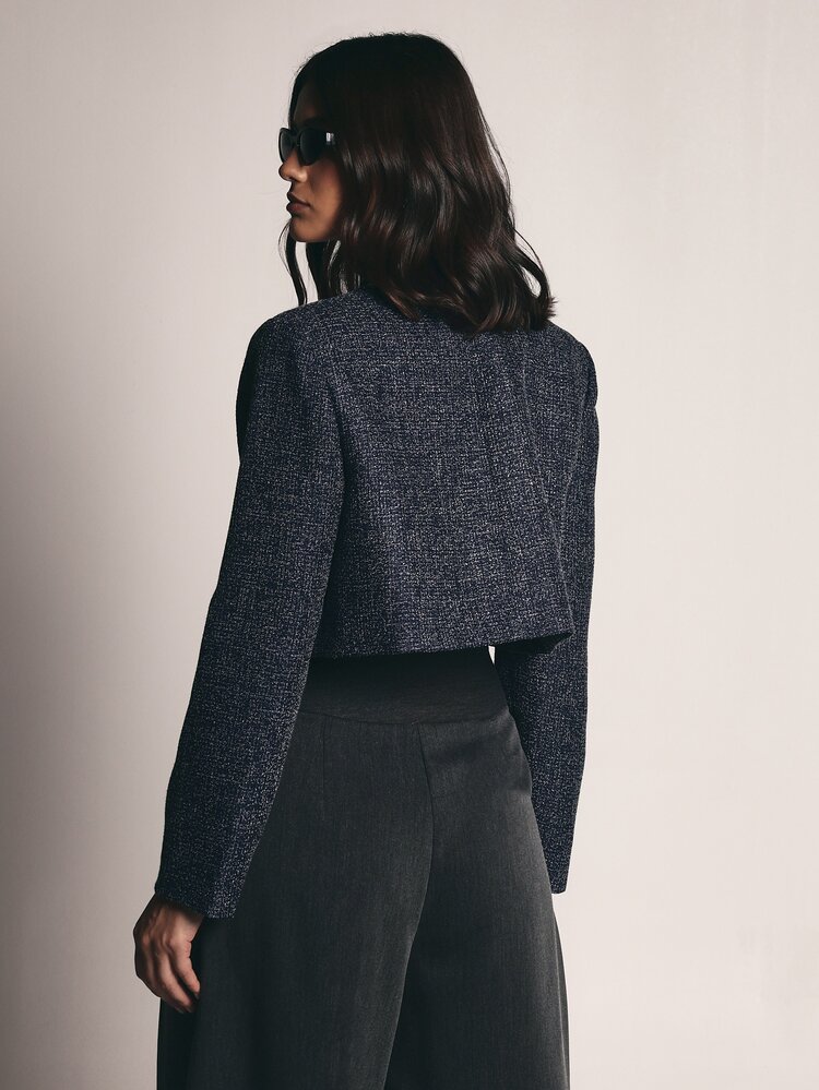 KSTM Cropped Tweed Blazer Jacket With Silver Button Detail Stand Collar Collarless Long Sleeve Structured Formal Style - Blue - View 2